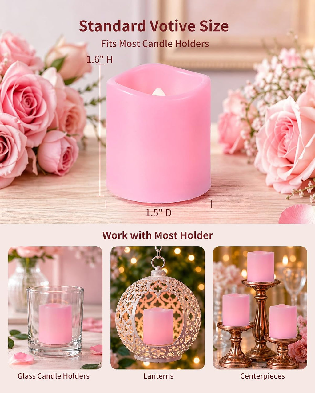 Homemory 12 Pack Pink Flameless Flickering LED Votive Tealights Candles