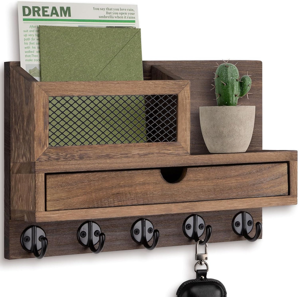 Key Holder for Wall with 5 Key Hooks and Storage Drawer