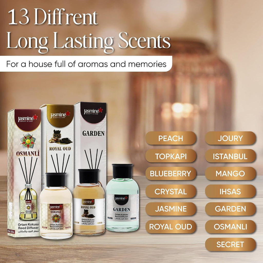 Turkish Jasmine Reed Diffuser Set 3.72 Fl. Oz (110ml), with 4 Reed Sticks. for Your Office, Bedroom, Bathroom, Kitchen. Elegant Fragrance for Your Entire Home (Crystal)