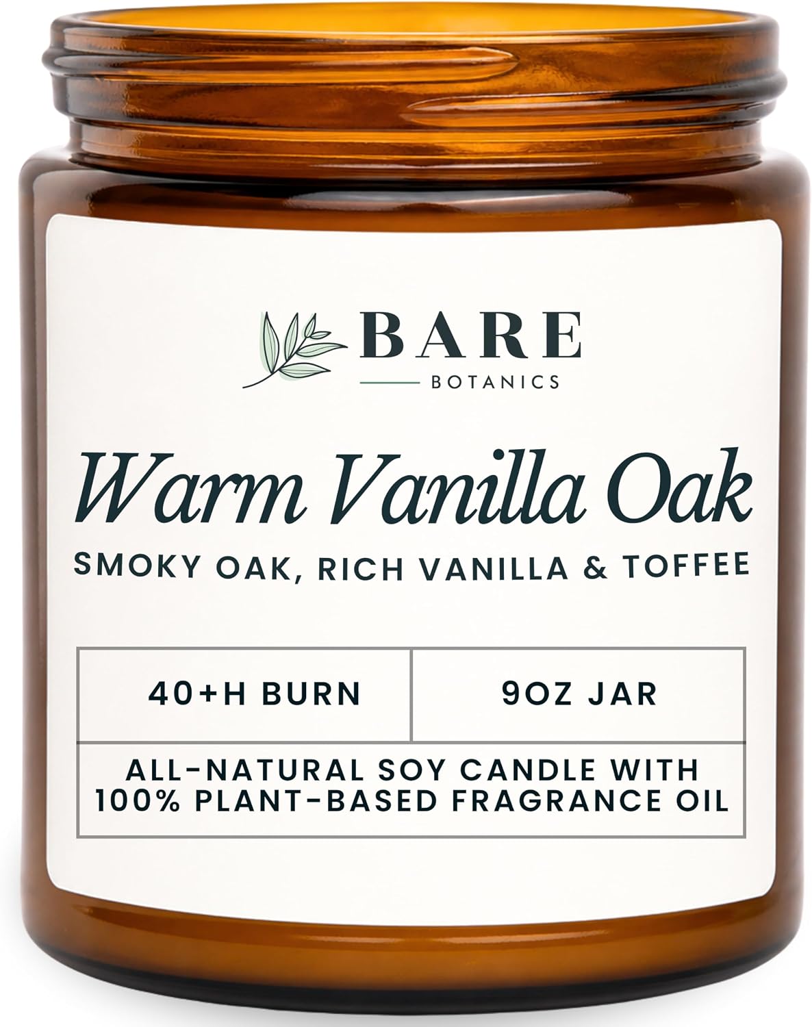Bare Botanics 9oz Non Toxic Soy Candle Warm Vanilla Oak - 40+ Hour Burn