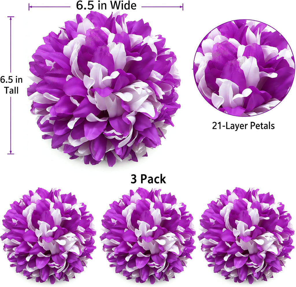 3Pcs Purple and White Homecoming Mum Flowers, 6.5Inch Artificial Mum Flower