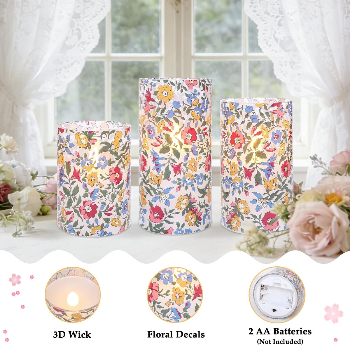 Floral Glass Flameless Candles with Remote, Spring Wildflower Design LED Candles, 3D Wick Flickering Battery Operated Candles for Home Decor, Bedroom, Wedding, Table Centerpiece