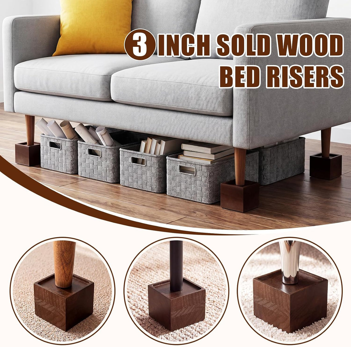 4 Pcs 3"Solid Wood Bed Furniture Riser Vintage Color Couch Lifter