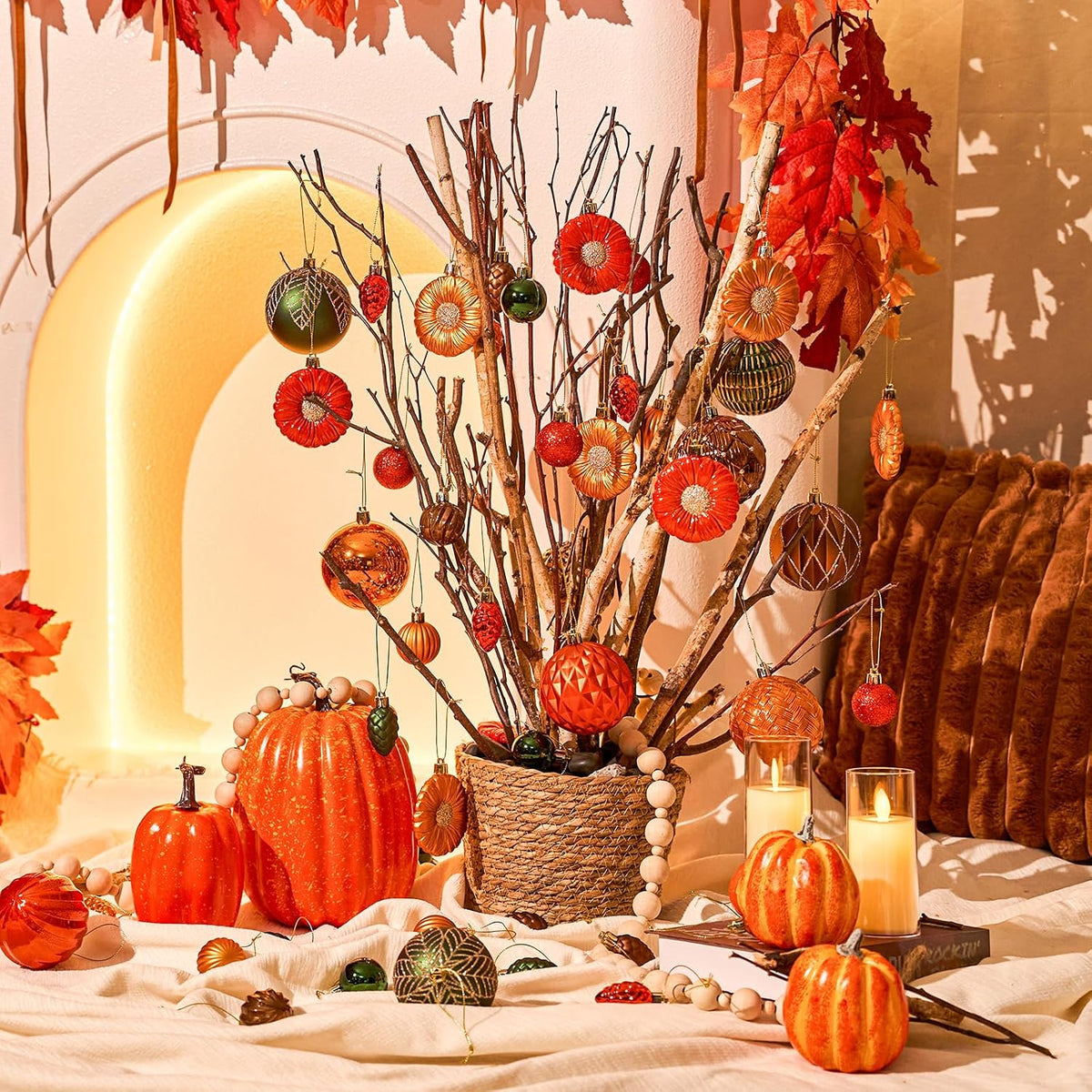JORNOY Fall Ornaments for Tree, Shatterproof Plastic Harvest Decorations with Hanging String, Rustic Balls Baubles Bulk for Thanksgiving Home Decor, 52 Pack, Orange