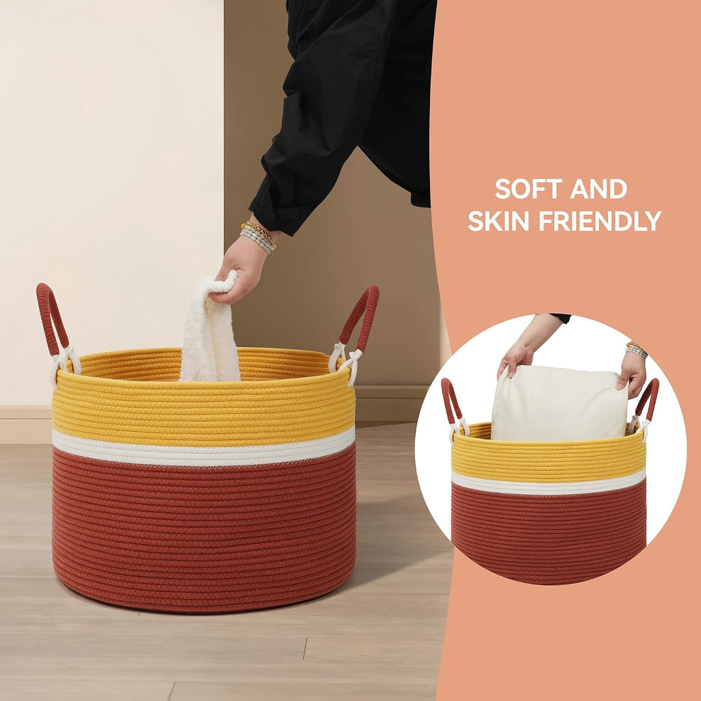 Large Blanket Basket (20"x13"),Woven Basket for Storage Dirty Clothes for Laundry, Living Room, Nursery, Bedroom Rope Storage Basket for Blankets（Yellow/Brown）