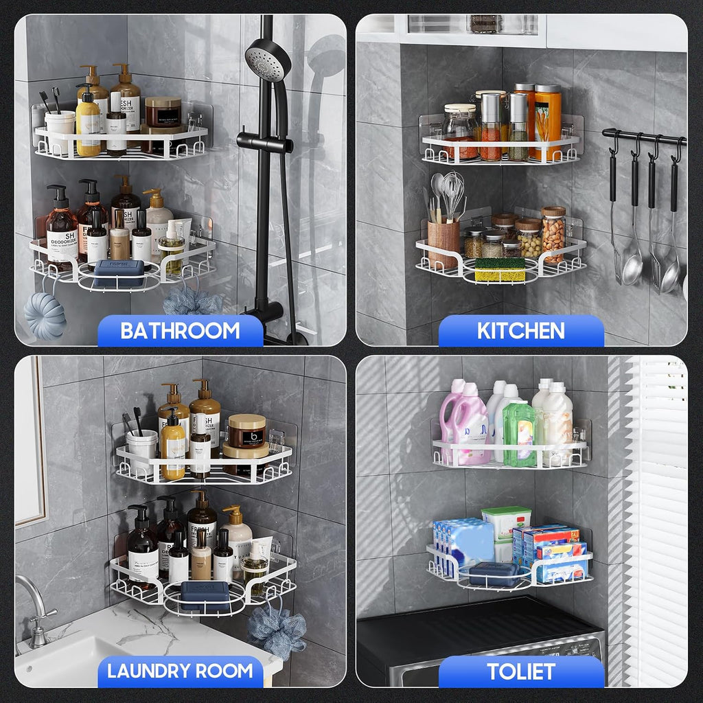 Corner Shower Caddy, Rustproof Shower Organizer with Soap Holder and 8 Hooks, No Drilling Adhesive Shower Shelves for Inside Shower, Large Capacity Shower Rack for Bathroom Shower Storage, White