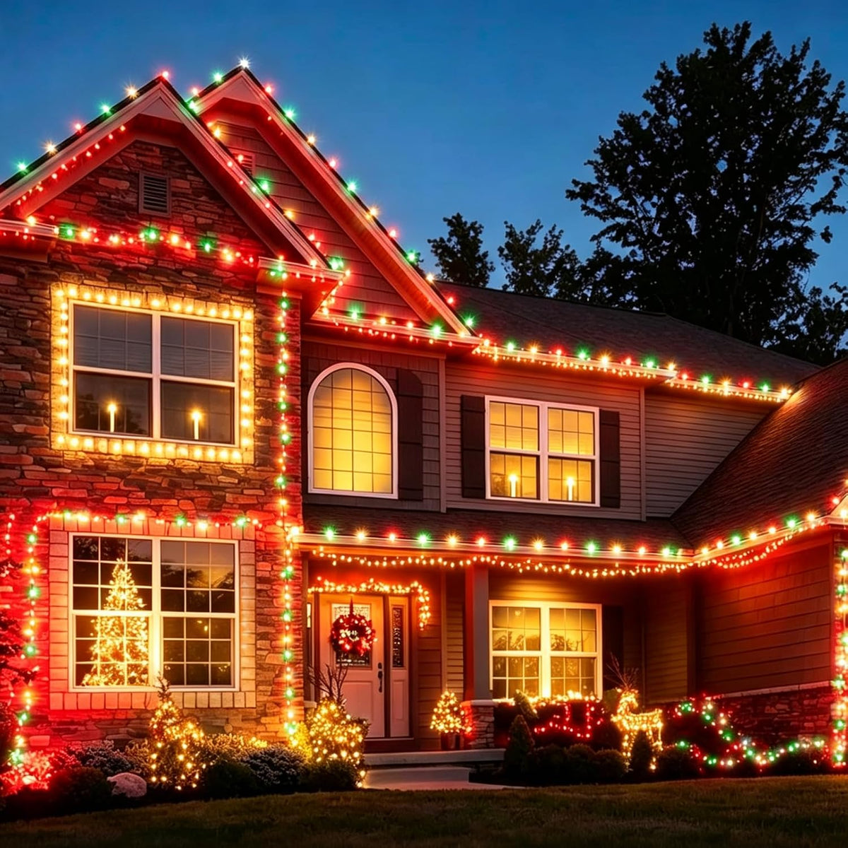 LAMPHOME Warm White Green red Christmas Lights, 50 LED 25FT Mini LED String Lights, Green Wire Commercial Grade Extendable Fairy Lights for Outdoor Halloween Christmas Tree Garden Decor