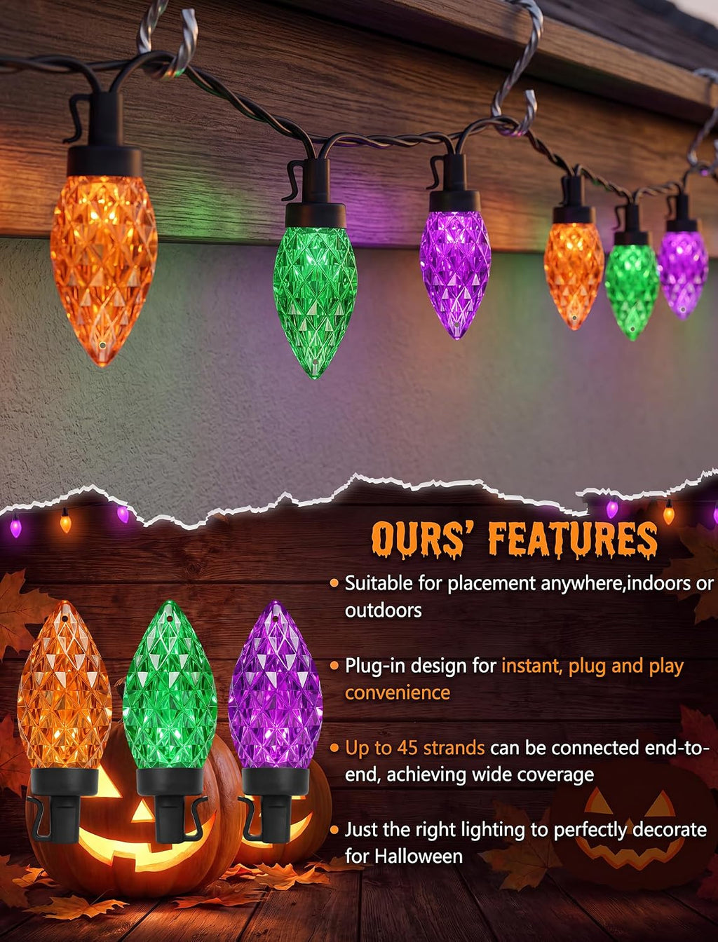 26FT C9 Halloween String Lights, 50 LED Orange Green Purple Diamond Lights