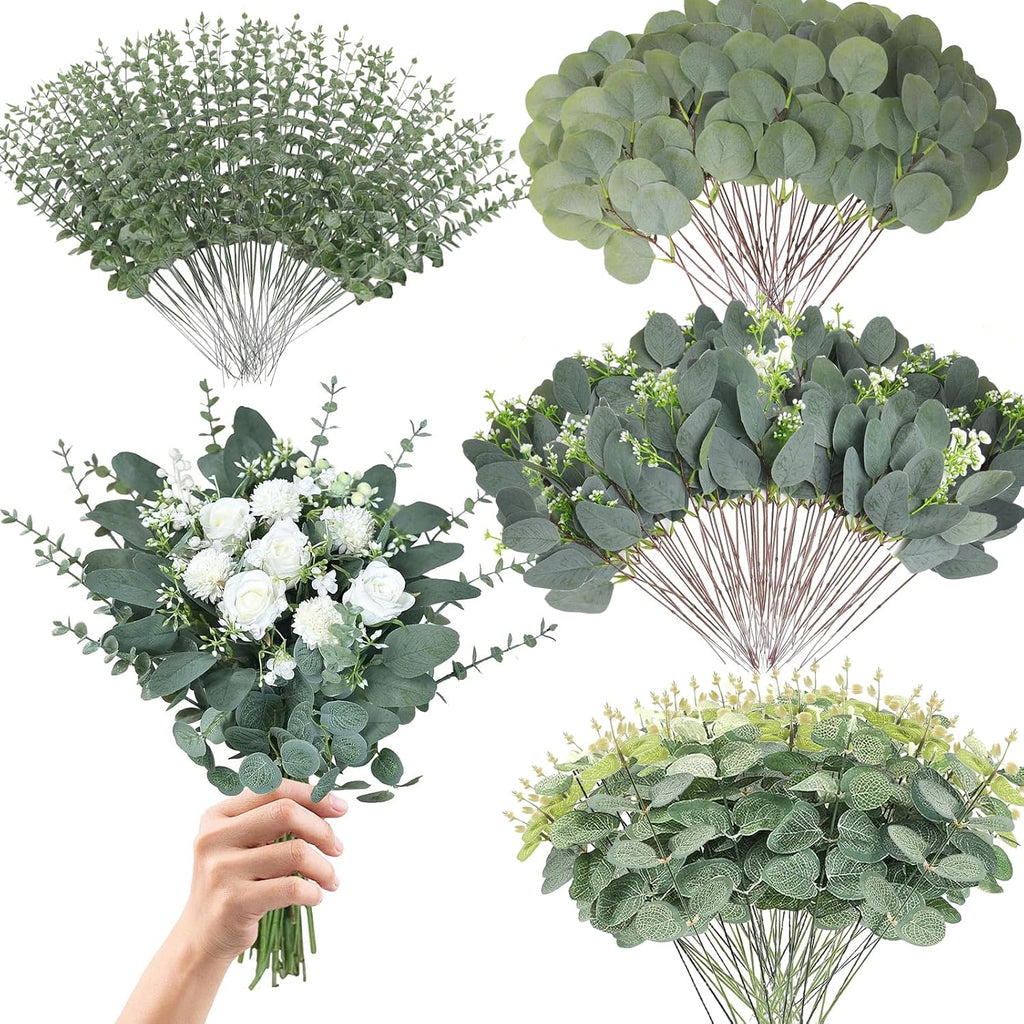 Eucalyptus Leaves Stems 200 PCS, 4 Kinds Mixed Artificial Greenery Stems for Wedding Decor Vase Floral Arrangement Centerpiece