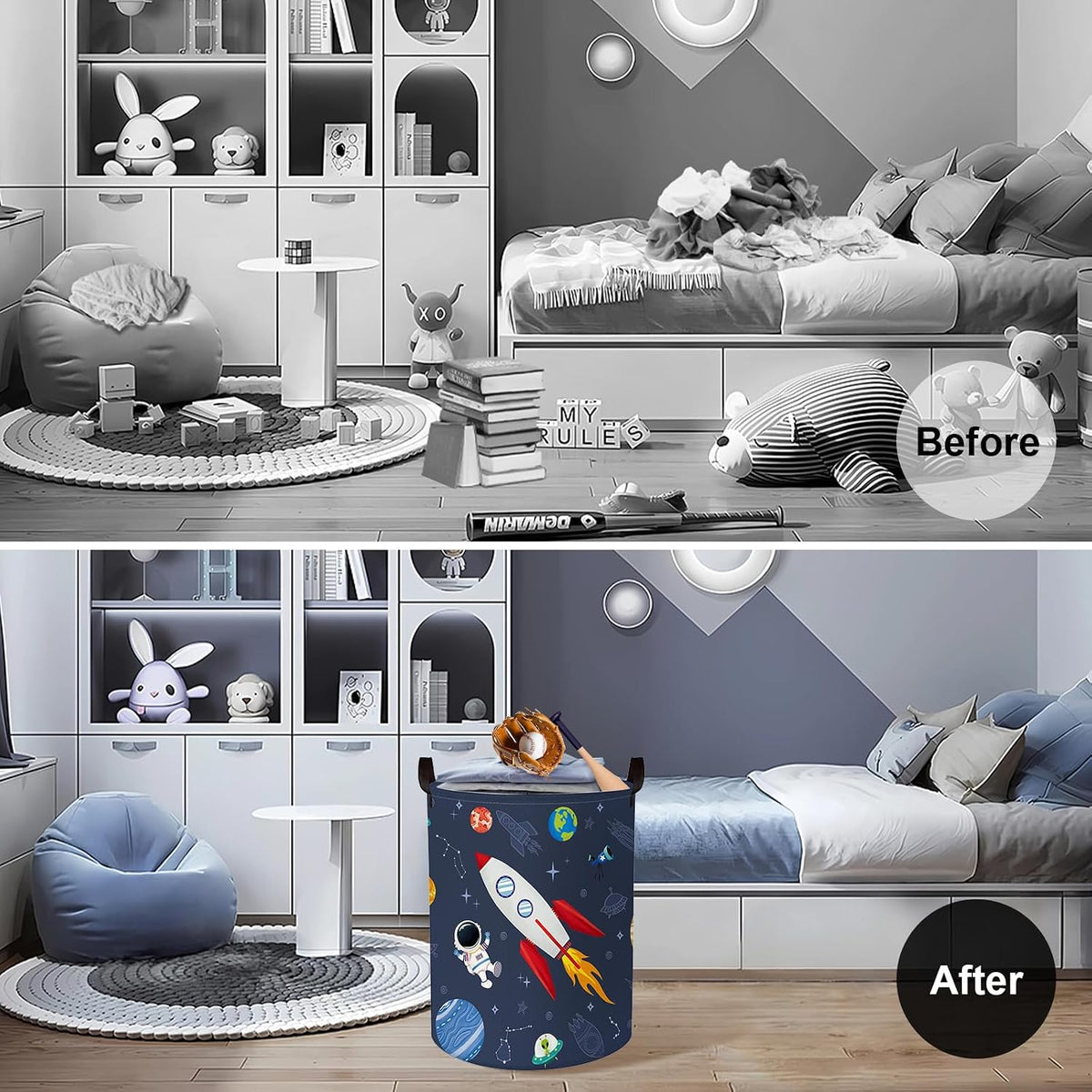 Clastyle 63L Cosmic Astronaut Rocket Laundry Hamper for Boy Large Large Collapsible Dirty Clothes Kid Laundry Basket Dark Blue Toys Storage Basket with Lid, 15.7x19.7 in