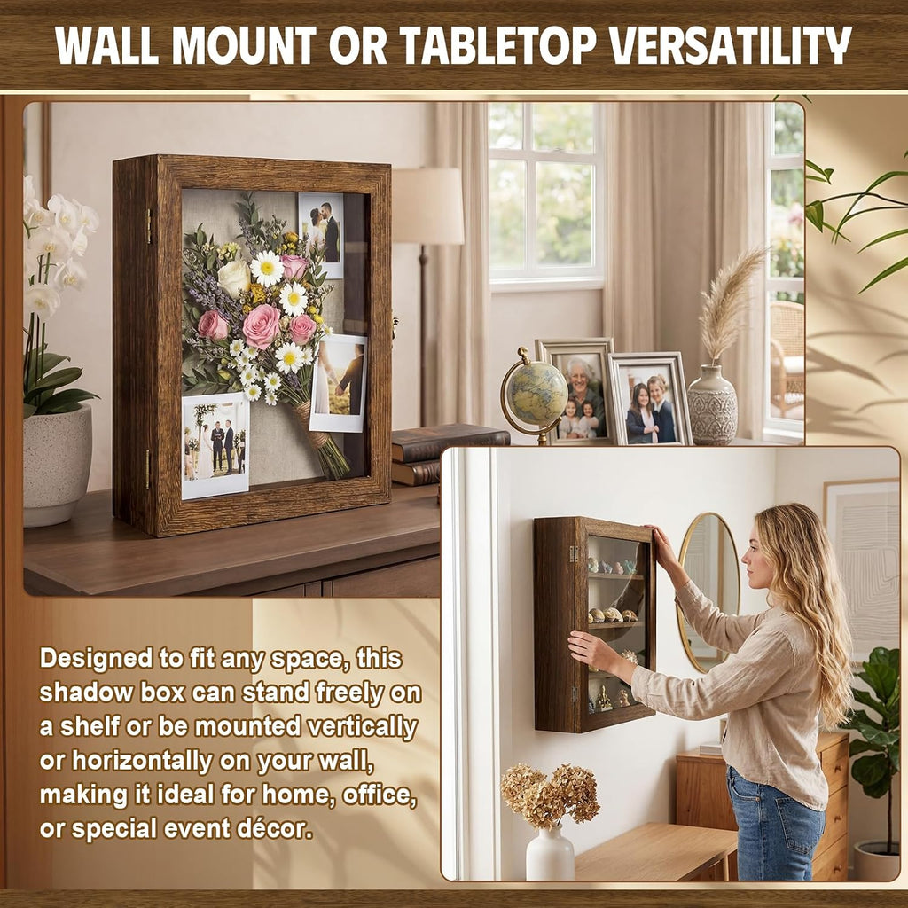Gerrii Shadow Box Display Case 11 x 13 - Deep 5 Inch Wooden Picture Frame with Linen Back, Removable Shelves, Wooden Memory Case for Wedding Bouquets, Photos, Medals & Keepsakes, Brown