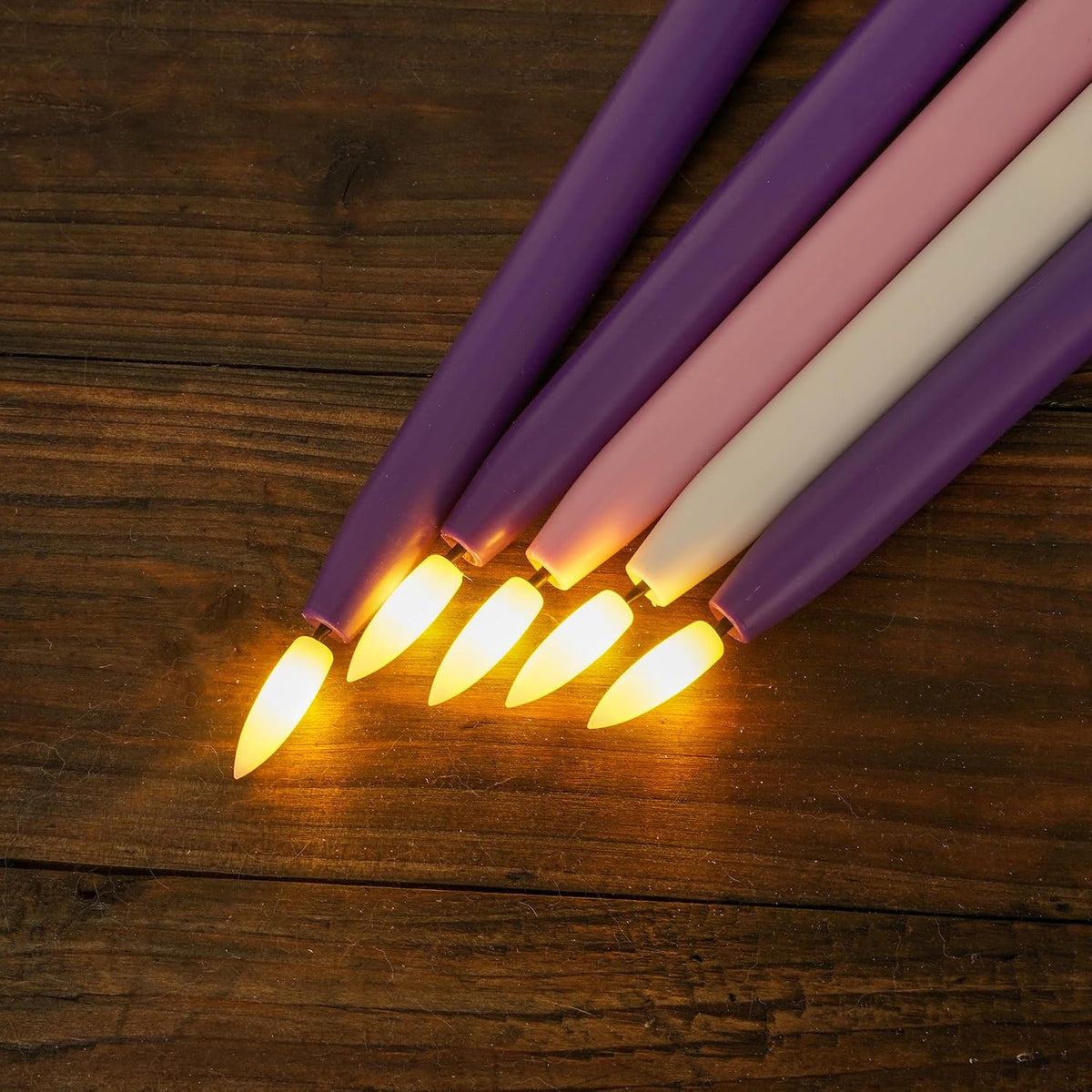 Stmarry Flameless Advent Candles, Set of 5 - Flickering LED Flame, 11 Inch Taper Candlesticks, Remote Controlled - 3 Purple, 1 Pink, 1 White for Christmas Wreath