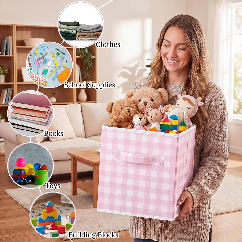 Yalikop 6 Pcs Pink Gingham Cube Storage Bins, 11 Inch Fabric Checkered Classroom Storage Bins Organizer with Handle Preppy Collapsible Cubby Basket for Classroom Home Nursery Playroom Bedroom