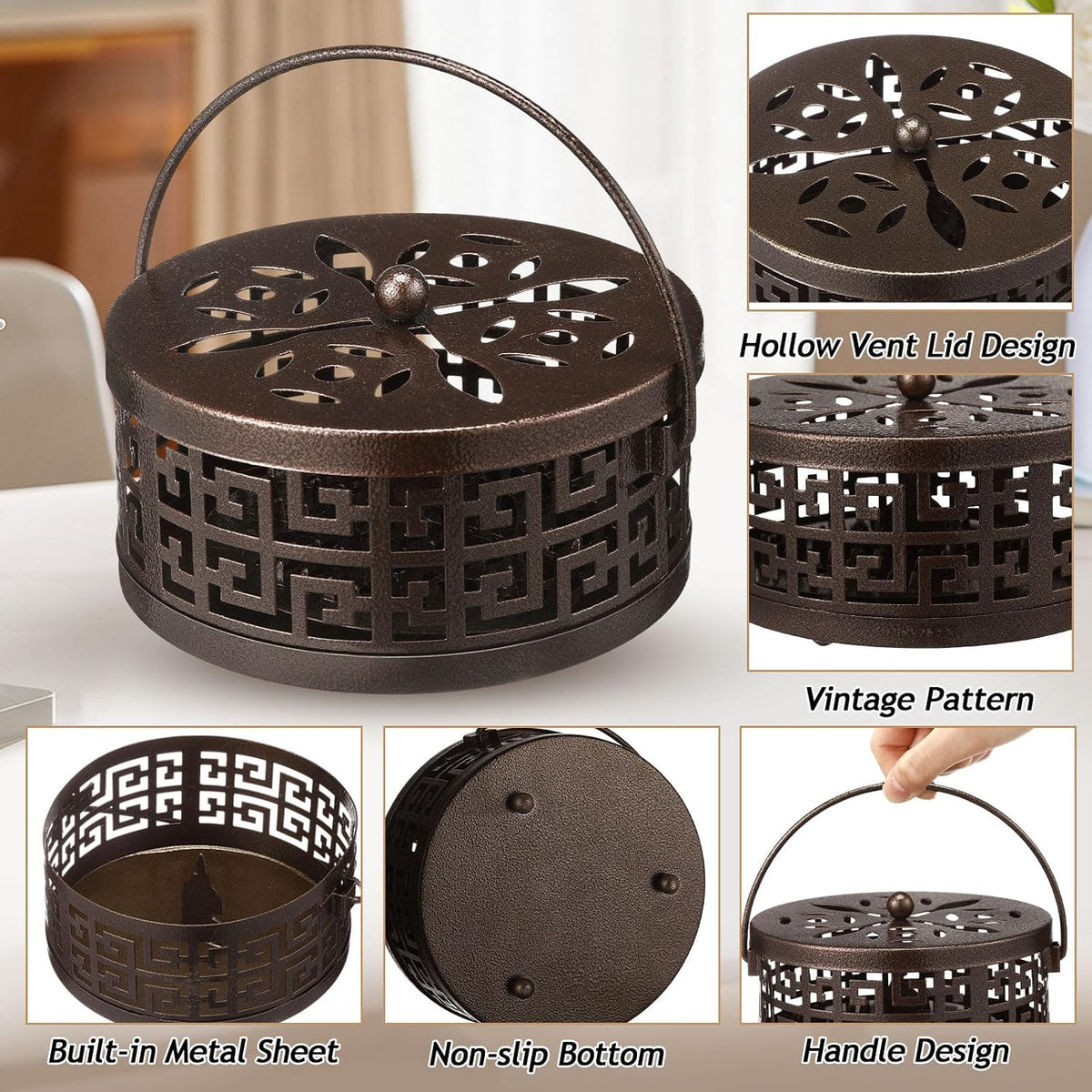 Lallisa 4 Pieces Mosquito Coil Holder Incense Coil Holder Round Retro Portable Metal Hanging Incense Burner with Handle for Home Camping Indoor Outdoor Patio (Bronze,Metal Sheet Included)