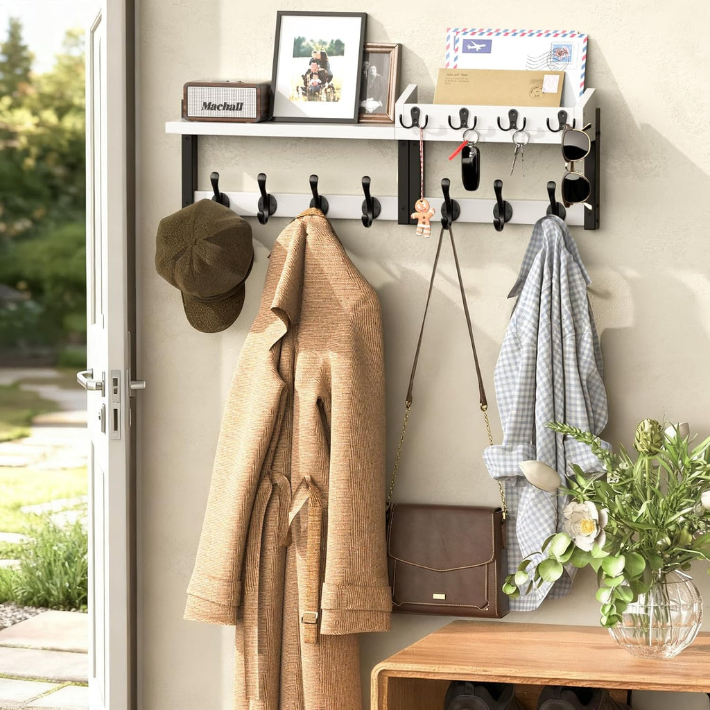29'' White Coat Rack Wall Mount with Shelf, Solid Wood Coat and Key Hanger with 11 Metal Hooks, Farmhouse Wall Organizer for Mail, Entryway Wall Hangers for Hats, Clothes, Backpacks, Mudroom