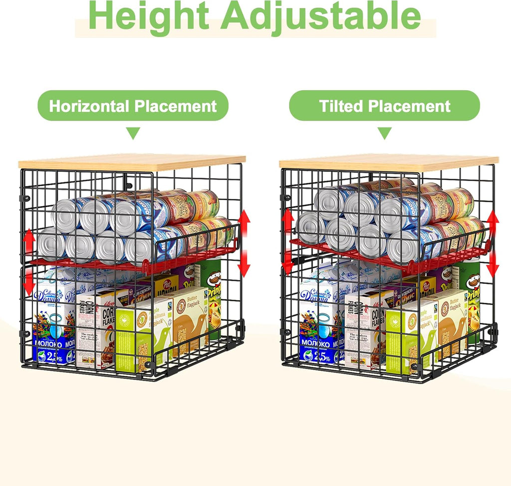 4 Pack Stackable Wire Baskets for Pantry Organizers and Storage, Pantry Baskets with Fixed Wooden Top, Fruit and Vegetable Storage Bins for Organizing Onion Potato Snack for Kitchen Cabinet/Countertop