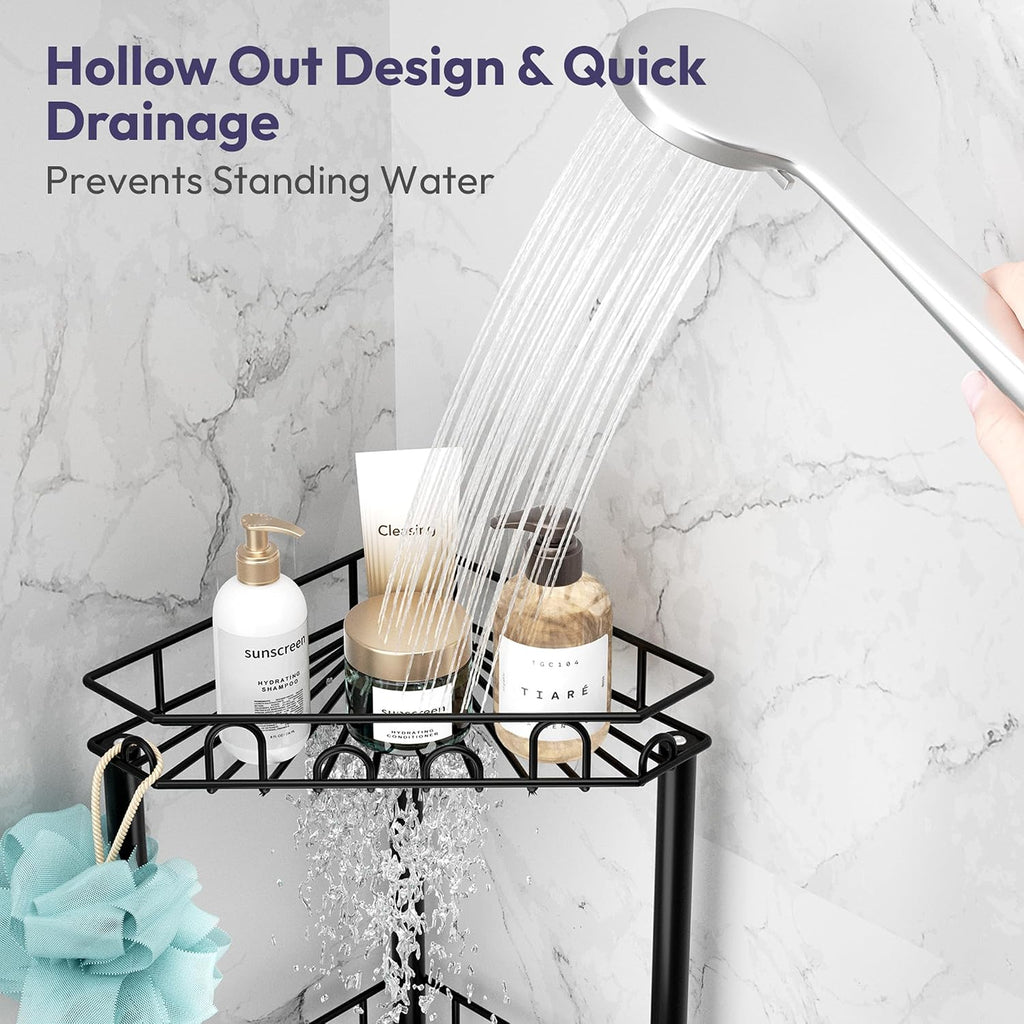 SWTYMIKI Standing Shower Caddy Corner - 3‑Tier Stainless Steel Shower Organizer Shelf with 12 Hooks and Adhesive Pads, Rustproof Corner Shelves Stand Rack for Bathroom Shower Room, Black