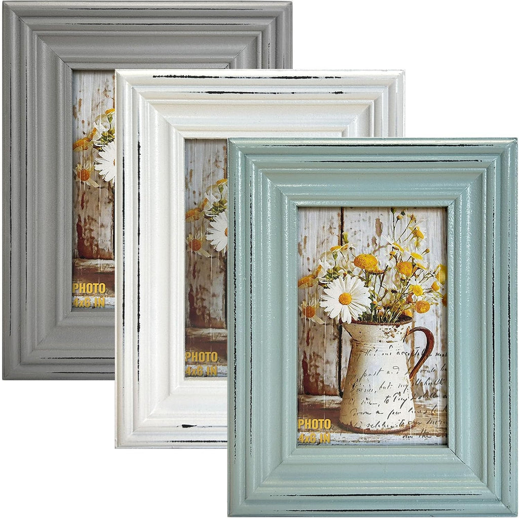 Distressed Shabby Chic 4"x6" Wooden Picture Frames 3pcs (Aqua Gray White)