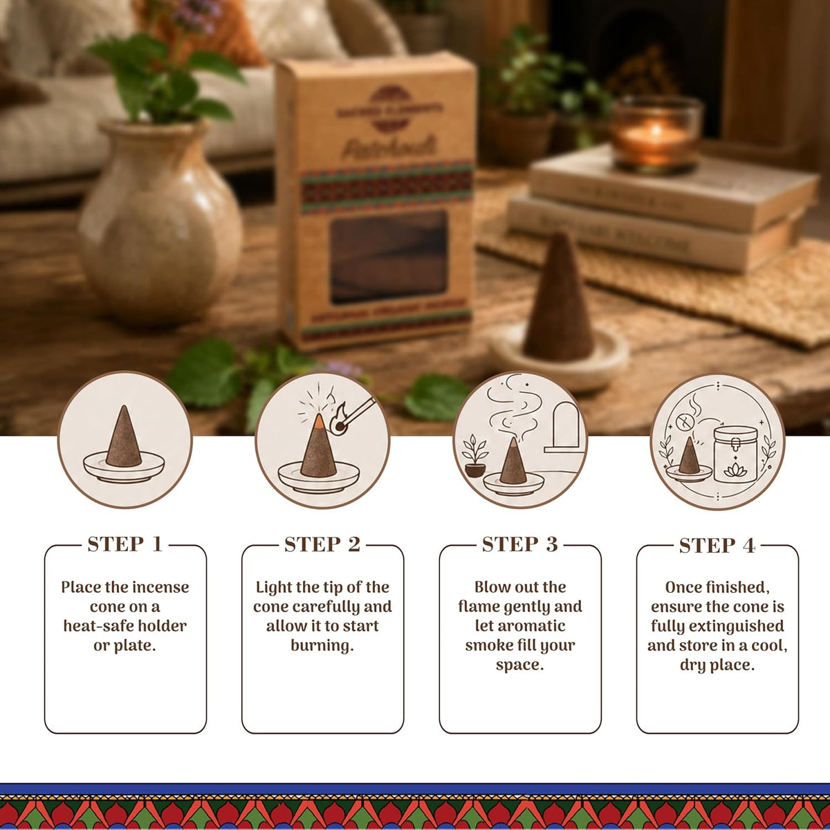 Sacred Elements Organic Incense Cones – Patchouli Scent (Pack of 4) | Natural Aromatherapy for Relaxation & Mood Balance | Handcrafted, Low Smoke, Long-Lasting Fragrance for Home Use