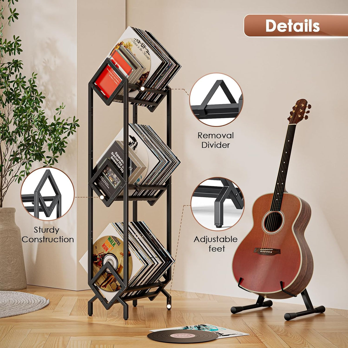 Vinyl Record Storage Rack, Record Holder 260-280 LP Storage Shelf Display Stand for Albums Books Magazines Files, Black Metal