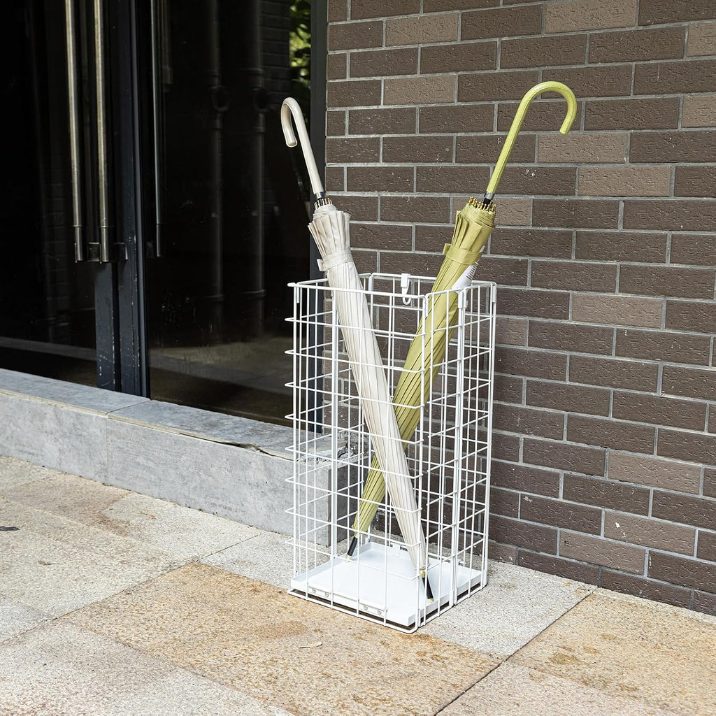 Umbrella Stand, Umbrella Holder for Entryway, Large Metal Foldable Umbrella Rack Organizer Freestanding, with Water Tray and Hooks, Rectangular Hollow Rack 9.5 x 9.5 x 19.7 Inches (White)