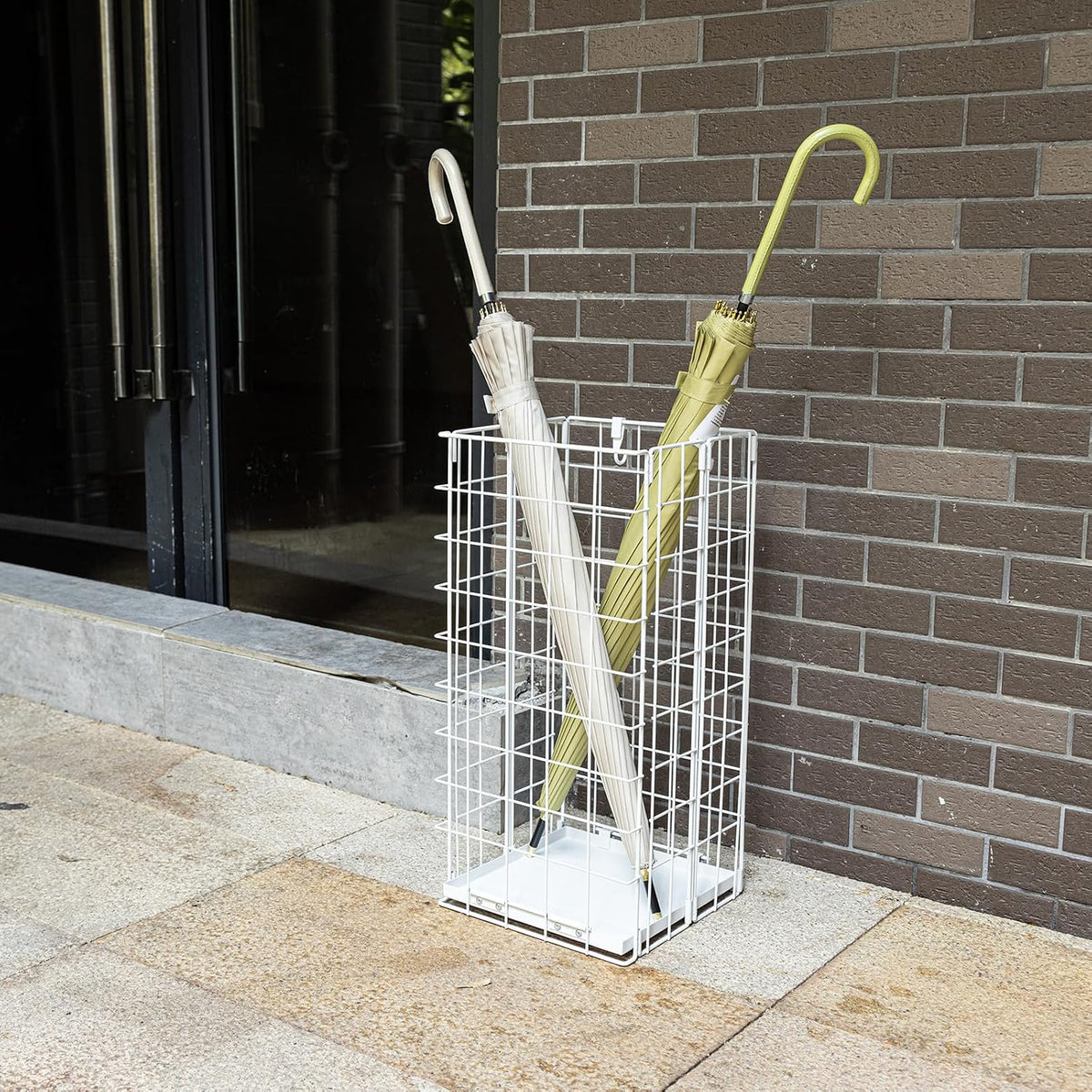 Umbrella Stand, Umbrella Holder for Entryway, Large Metal Foldable Umbrella Rack Organizer Freestanding, with Water Tray and Hooks, Rectangular Hollow Rack 9.5 x 9.5 x 19.7 Inches (White)