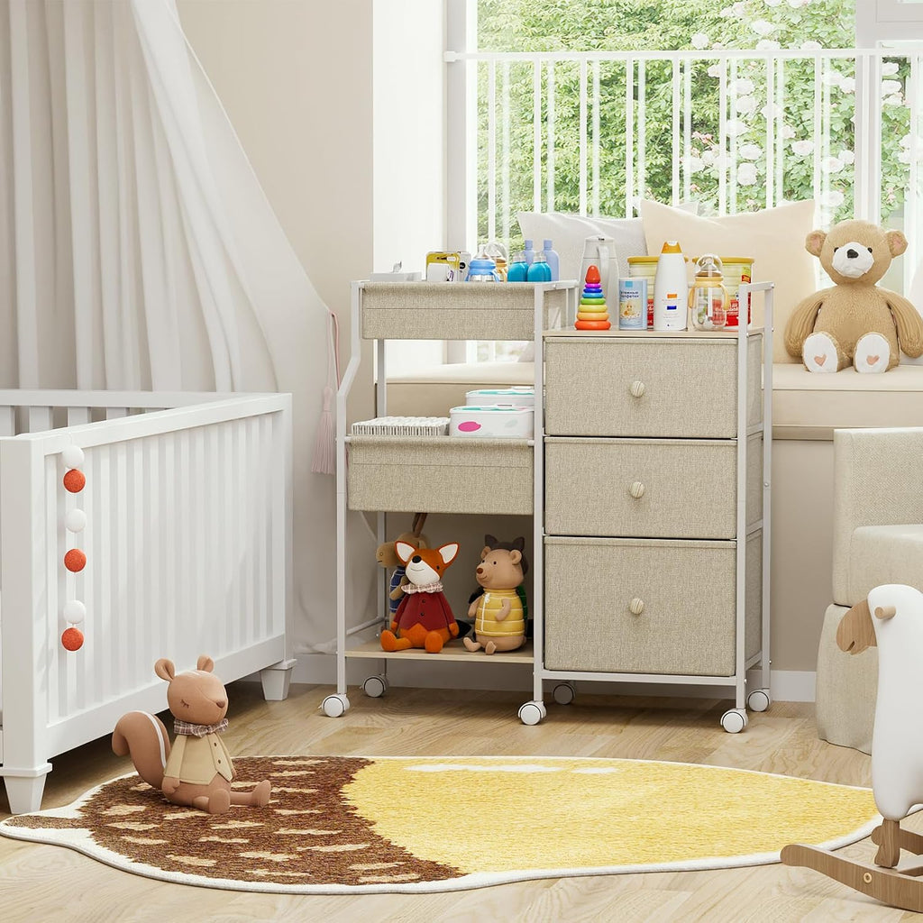 Modanais Baby Diaper Caddy Organizer Rolling Cart with Drawers, Off White