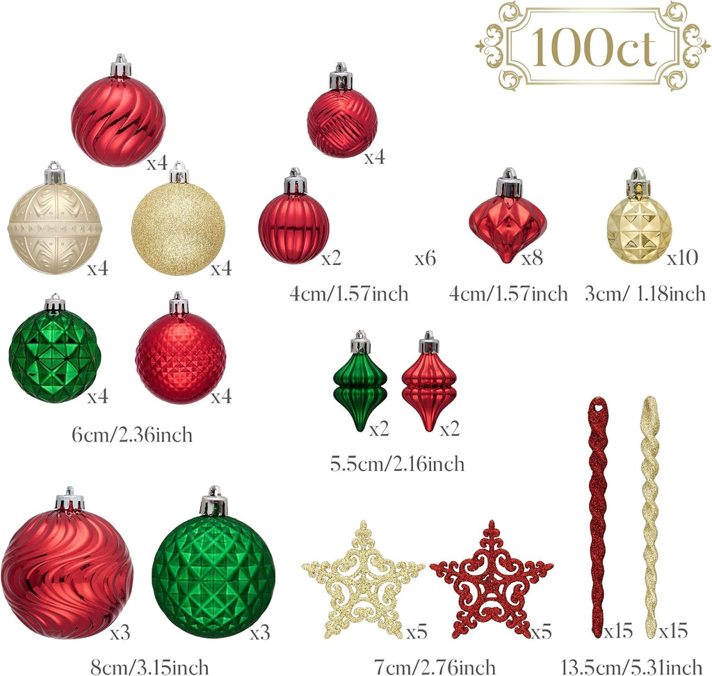 Valery Madelyn 100ct Christmas Tree Decorations Variety Ball Ornaments Set