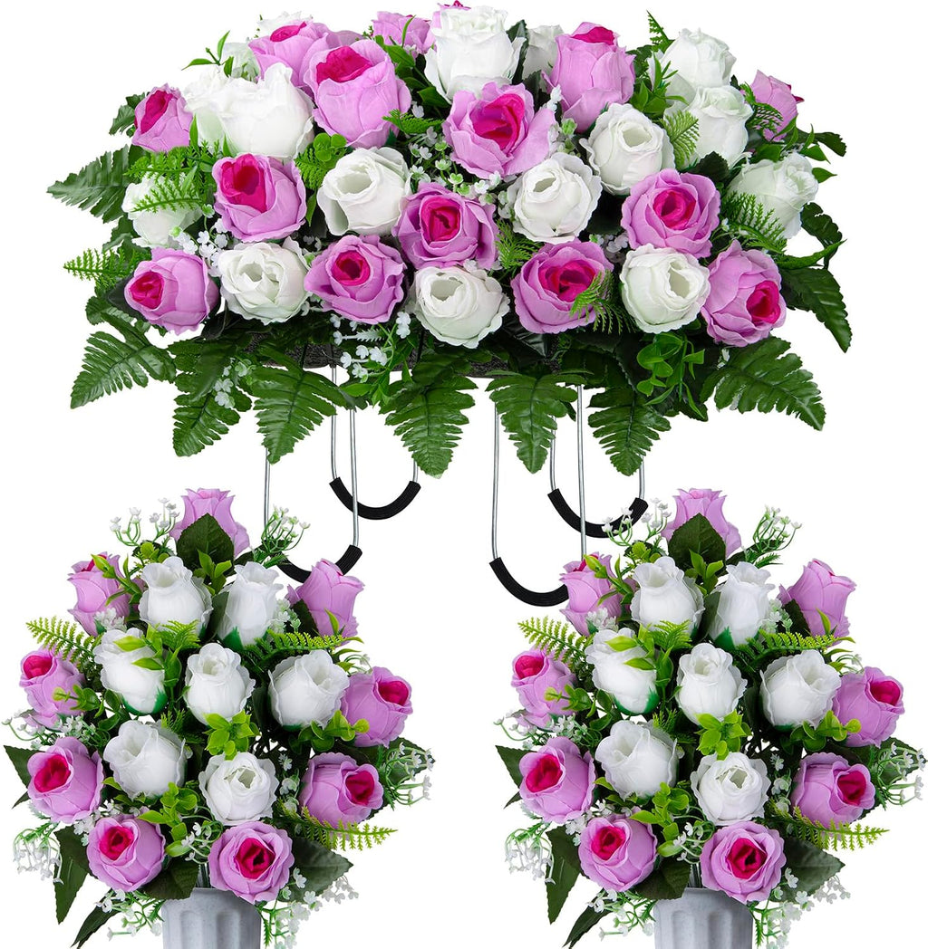 Artificial Cemetery Flowers Saddle Grave Memorial Rose Flowers with Vase for Cemetery Headstones Gravesites Decoration (White&Pink, 1 Saddle & 2Bouquets with Vase)