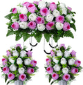 Artificial Cemetery Flowers Saddle Grave Memorial Rose Flowers with Vase for Cemetery Headstones Gravesites Decoration (White&Pink, 1 Saddle & 2Bouquets with Vase)