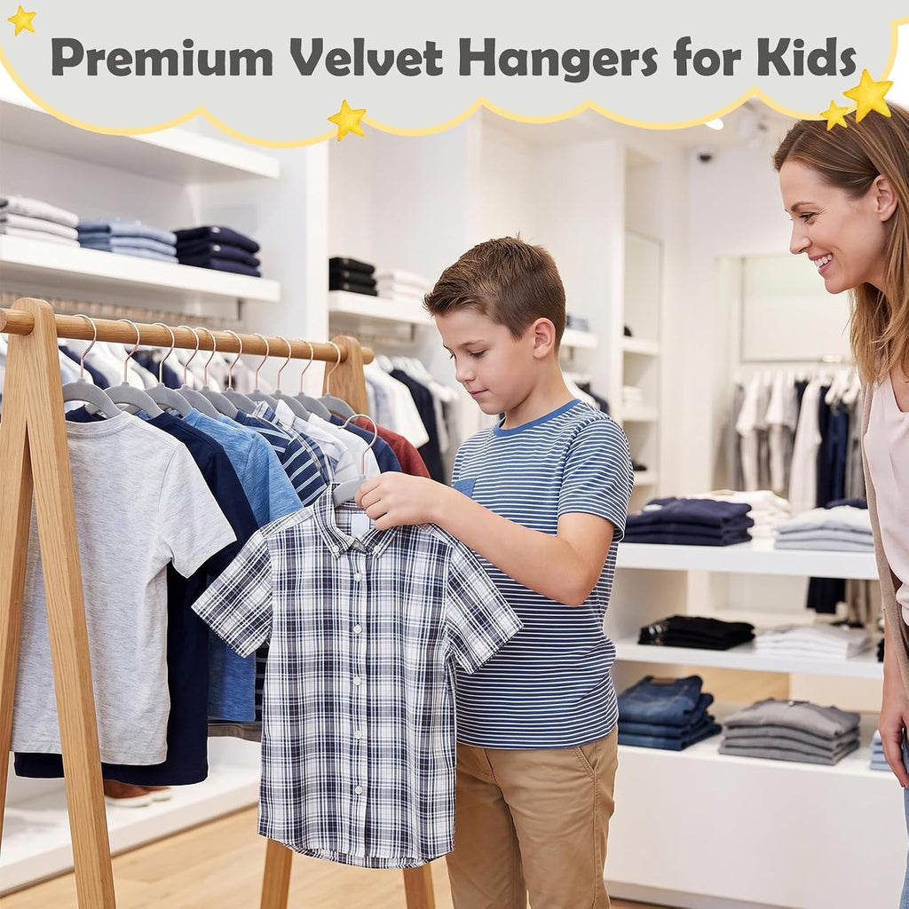 HOUSE DAY Velvet Kids Hangers 60 Pack, Premium Childrens Hangers for Closet, Ultra Thin Cute Hangers Kids Clothes Hanger, Non Slip Kids Felt Hangers 14 Inch, Small Hangers for Kids Clothes, Grey