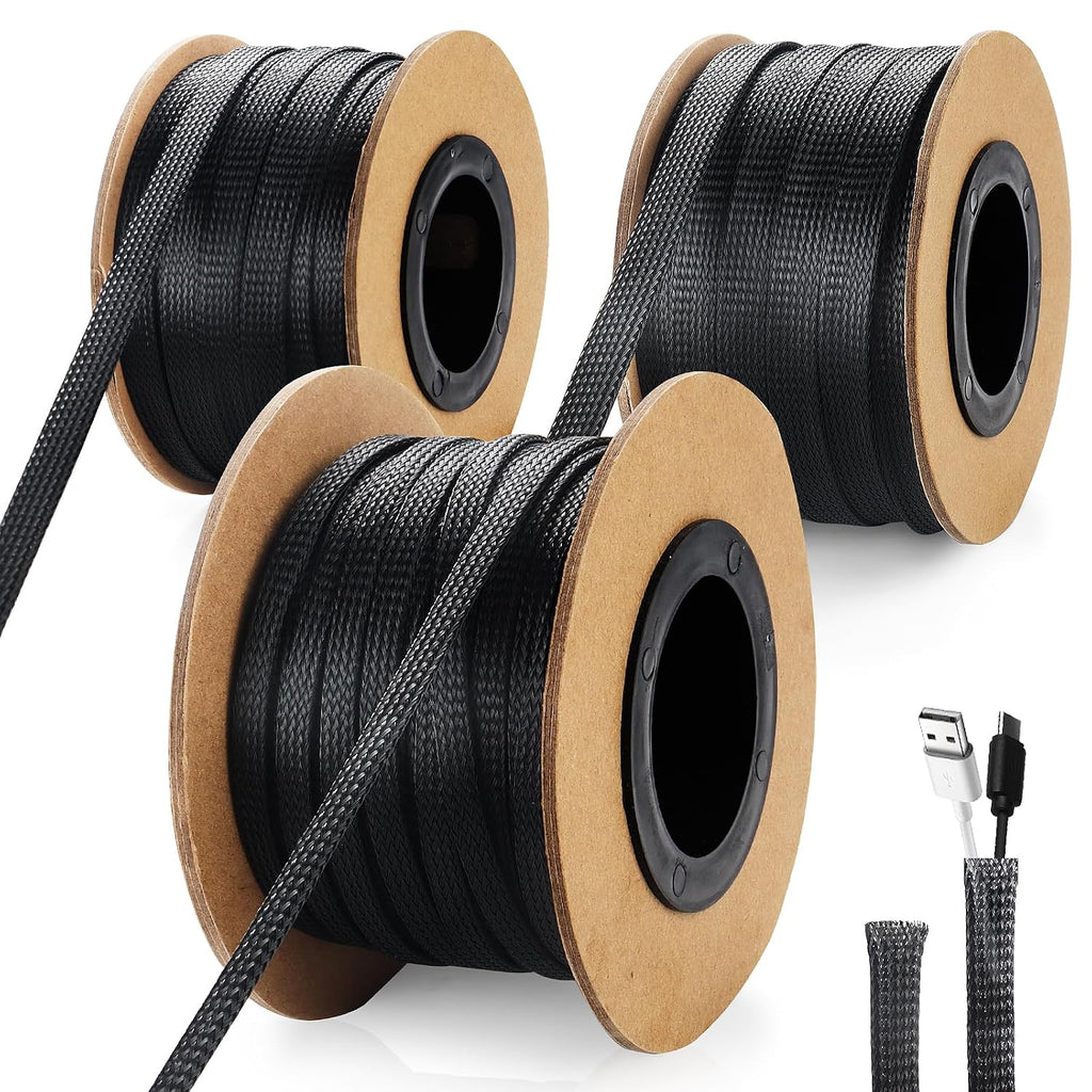 300 Feet 1/4, 1/2, 3/8 Inches Braided Wire Loom PET Cable Loom Expandable Sleeving Braided Sleeve for TV, Computer, Home Theater