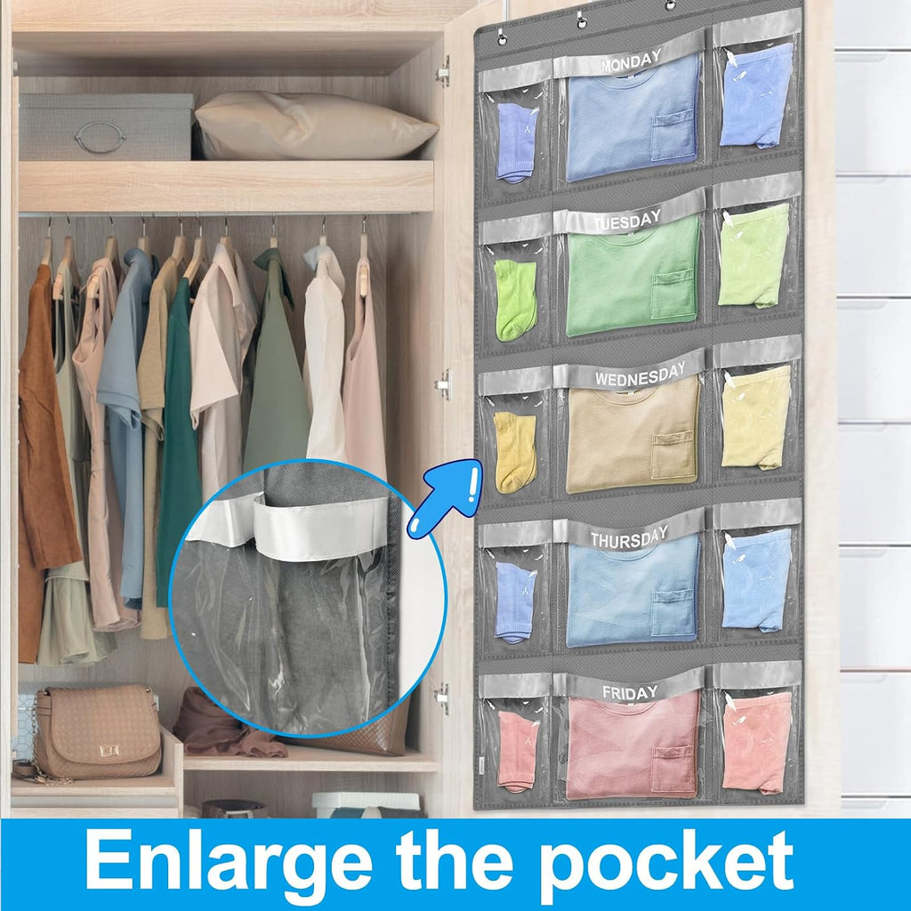 Weekly Hanging Closet Organizer for Kids,Day of Week Kids Clothes Organizer,School Clothing Storage Monday to Friday Hanging Closet Organizer Shelves for Bedroom,Bathroom,Dorm (Grey)