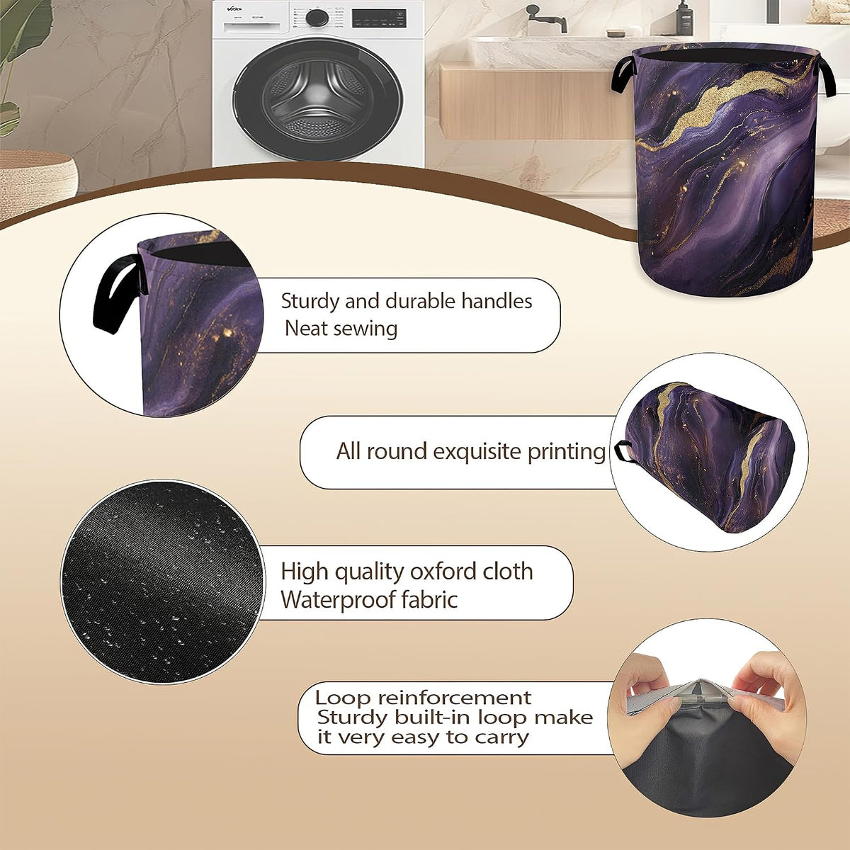 Purple Gold Marble Laundry Hamper,Modern Abstract Collapsible Laundry Baskets,Waterproof Oxford Cloth Laundry Room Organization for Bedroom,Bathroom,Nursery,16x20 Inch