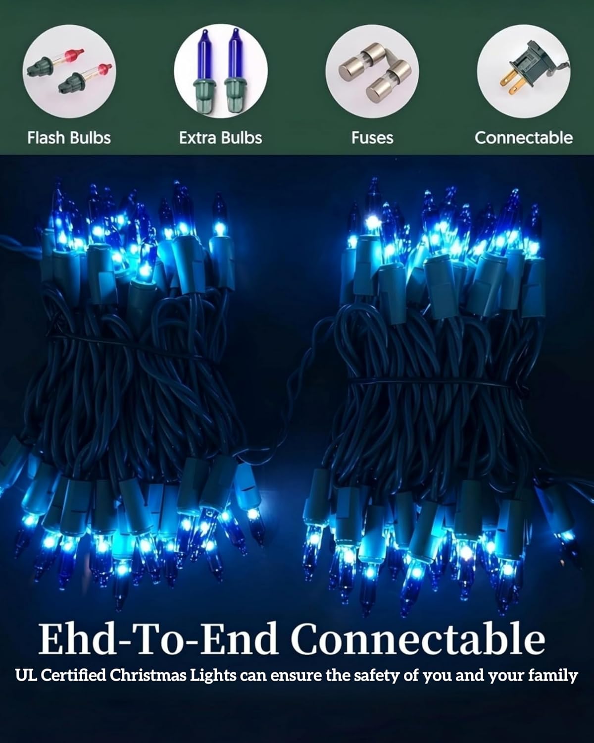 Christmas Lights 100 Count Incandescent UL Certified Connectable 21feet Blue Christmas String Lights for Tree Indoor Outdoor Xmas Wedding Christmas Decorations Valentines Day Decor Green Wire