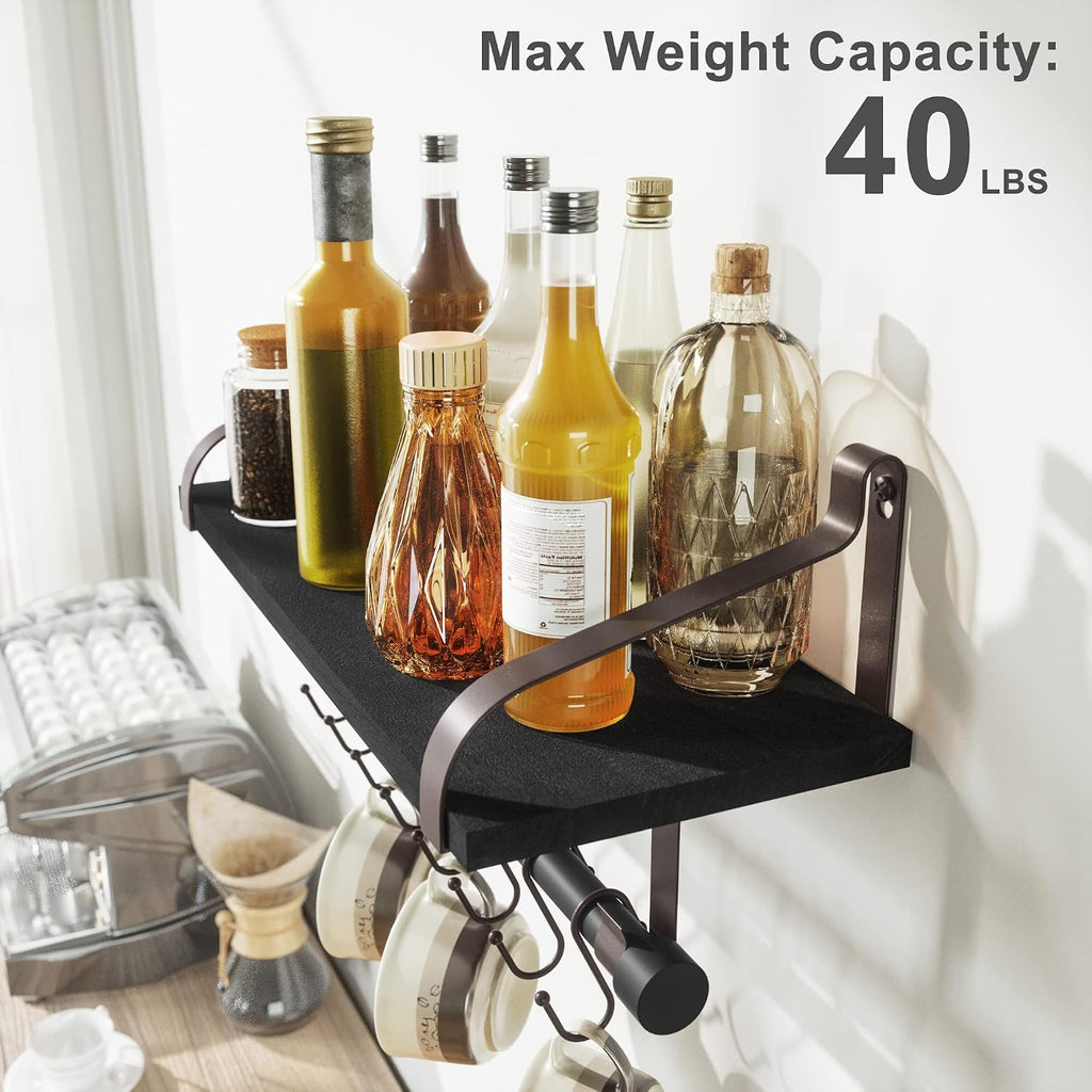 Love-KANKEI 17.3" Floating Wall Shelf Wood/Bracket,Coffee Bar,Black/Brown