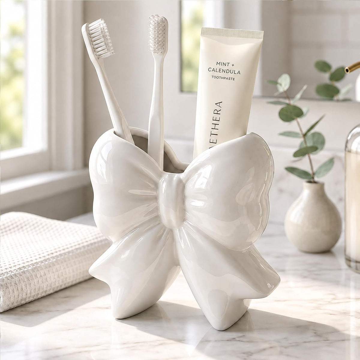 Ivory White Bow Toothbrush Holder, Ceramic Makeup Brush Holder for Vanity