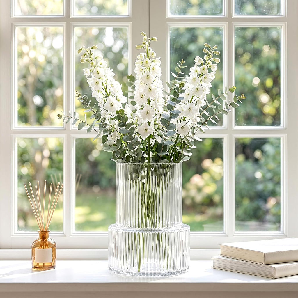 Ribbed Glass Cylinder Vase Set, Clear Modern Centerpiece