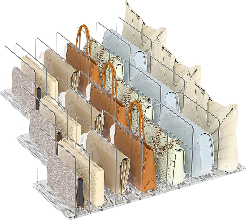 SortNStore Bag & Purse Organizer for Closet: Adjustable Clear Handbag Storage Shelf - Plastic Clutch Dividers for Closet Organizers and Storage - Keep Carteras & Pocketbook Upright (Pack of 3)