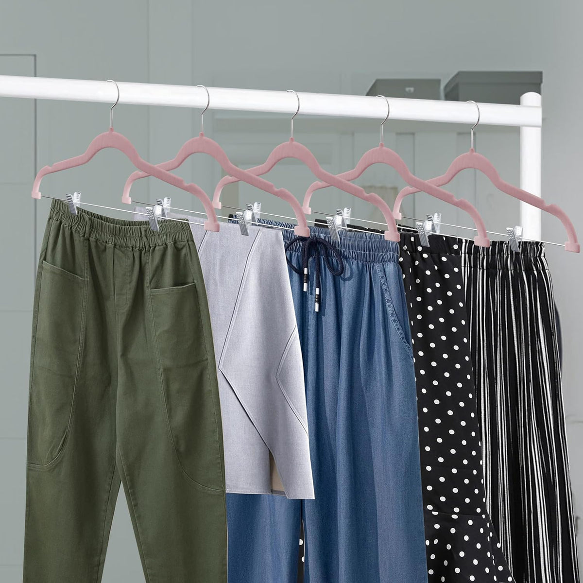Lifemaster Velvet Pants Hangers – with Adjustable Clips, 360 Degree Swivel Hook, and Non-Slip Shoulder Notch, Holds Up to 10 lbs, for Organizing Skirt, Pants, Dress, and Clothes, Pack of 30, Pink