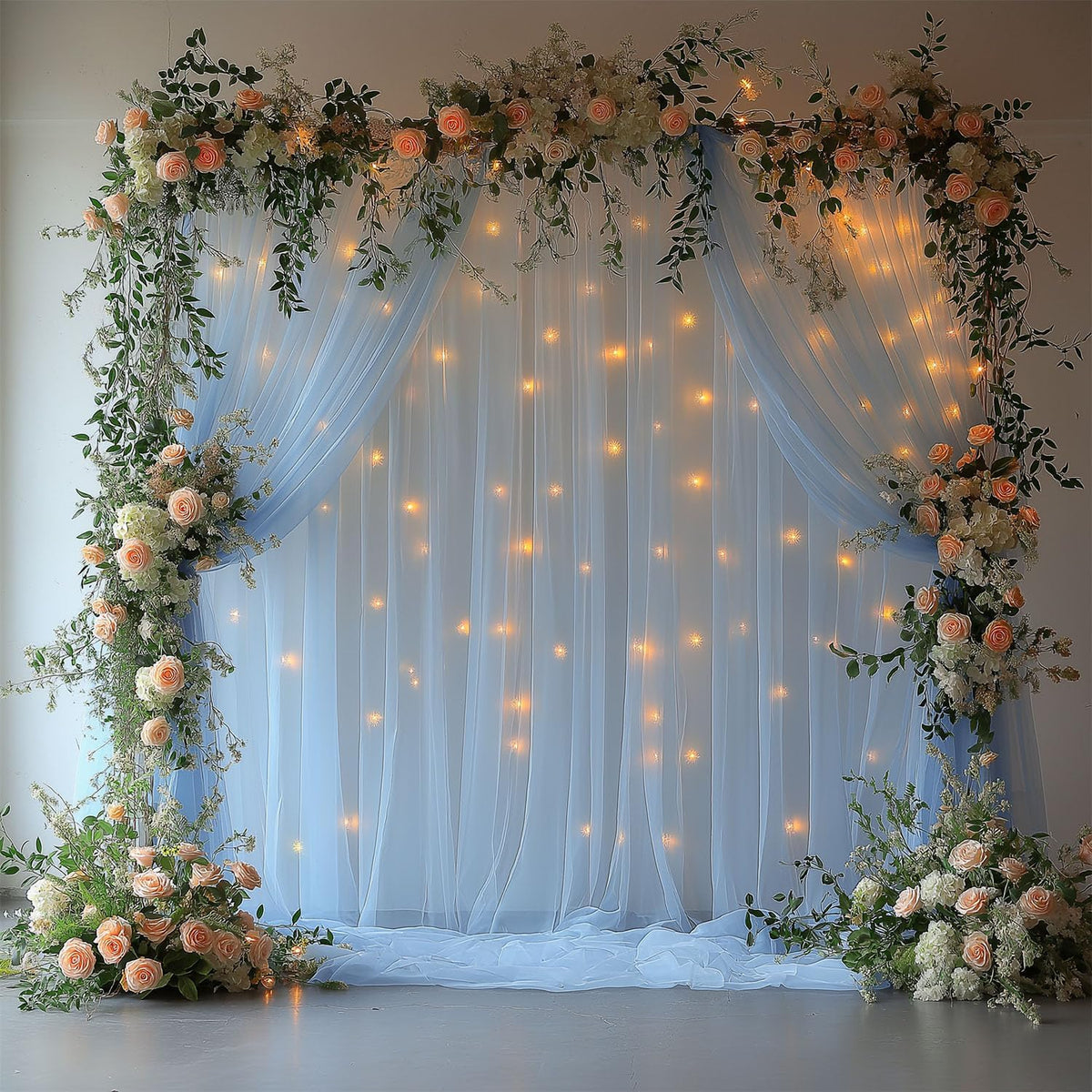 10x10ft Baby Blue Tulle Backdrop Curtain with Lights String Sheer Drapes for Baby Shower Decorations for Boy, Bridal Shower, Photo Booth, Birthday Party Decor(2 Panels)