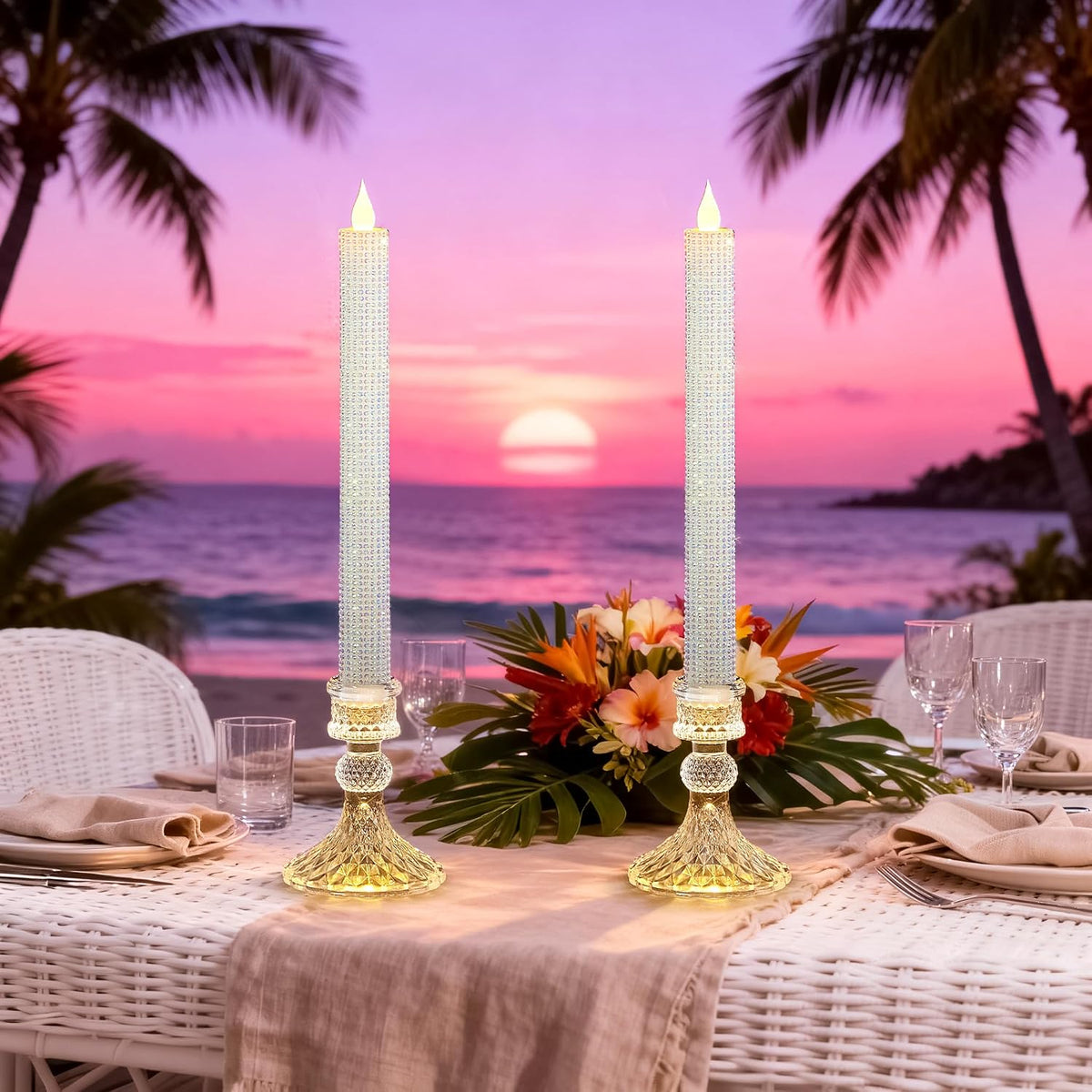 Flameless Taper Candles w/Holder, Crystallized-Brilliant, 2 Pack