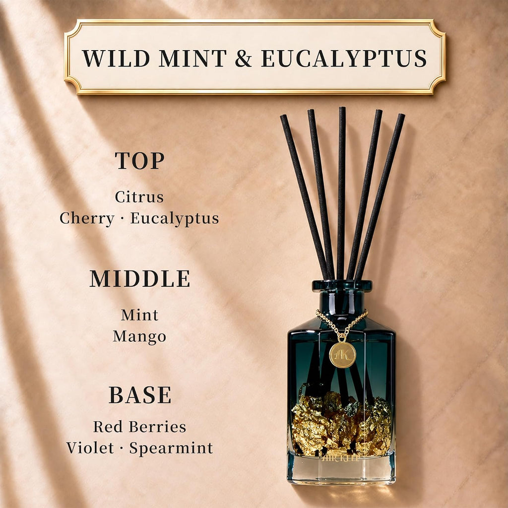 Airkeep Reed Diffuser Set,Wild Mint&Eucalyptus Luxury Scented Diffuser with Sticks Long Lasting Home Fragrance for Bathroom Shelf Decor 6.09 fl oz (180ml)