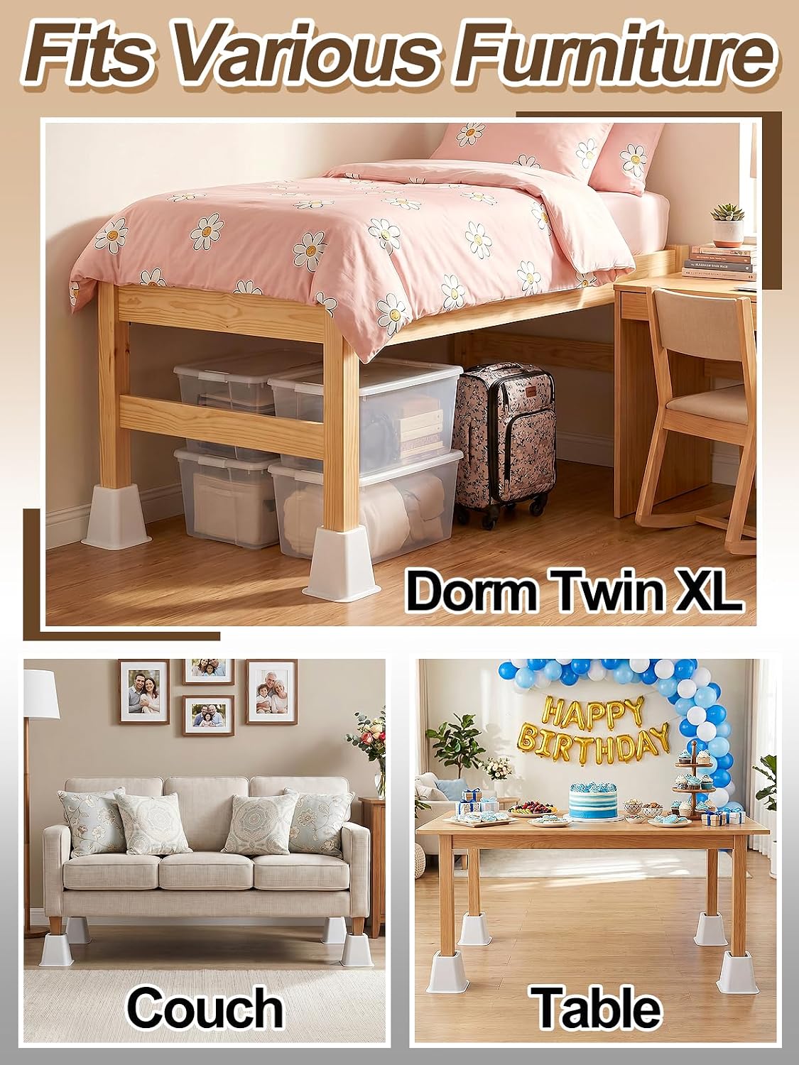 Bigmeta 6" Stable Bed Risers for Dorm Twin XL - White, 4 Pcs