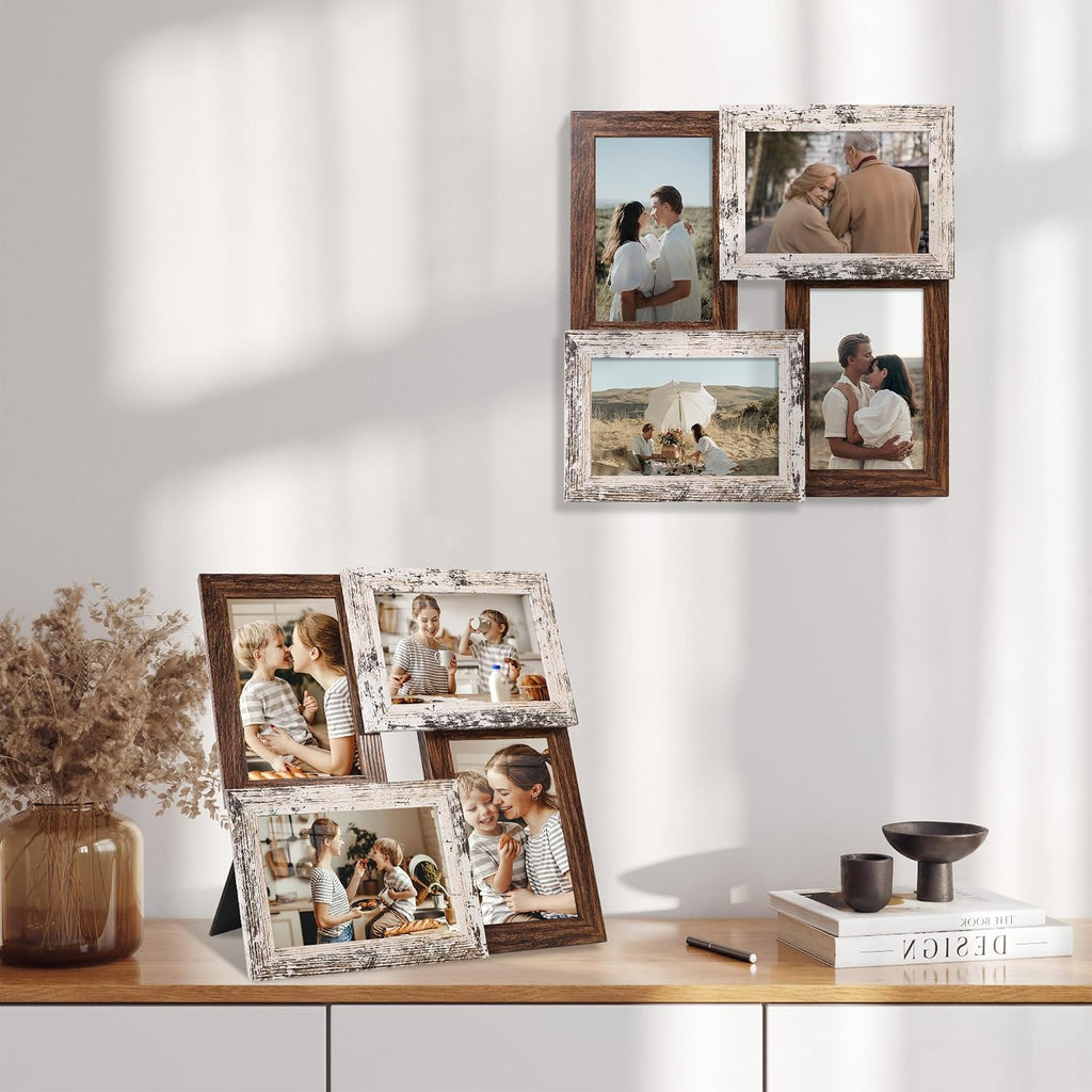 YESKAY 4x6 Collage Picture Frames, Multi Family Photo Frame with Real Glass, Displays Four 4x6 Photo, Wall Decor Wall Hanging or Tabletop, Distressed White+Rustic Brown