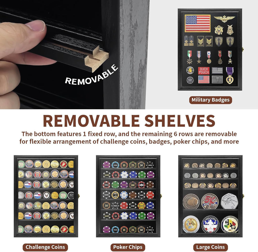 Challenge Coin Display Case, 7 Rows Lockable Military Coin Display Cabinet with UV Acrylic Door, Removable Shelves & Felt Background, Large Shadow Box