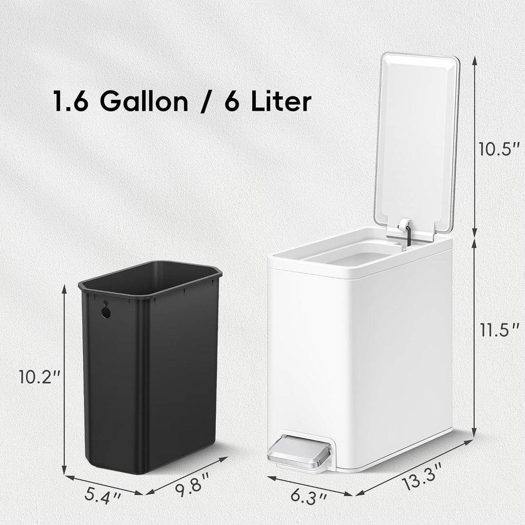 EKO Slim Small Bathroom Trash Can with Lid, Stainless Steel Small Garbage Can with Removable Inner Bucket, 6L / 1.6 Gal, Step On Trash Bin (White)