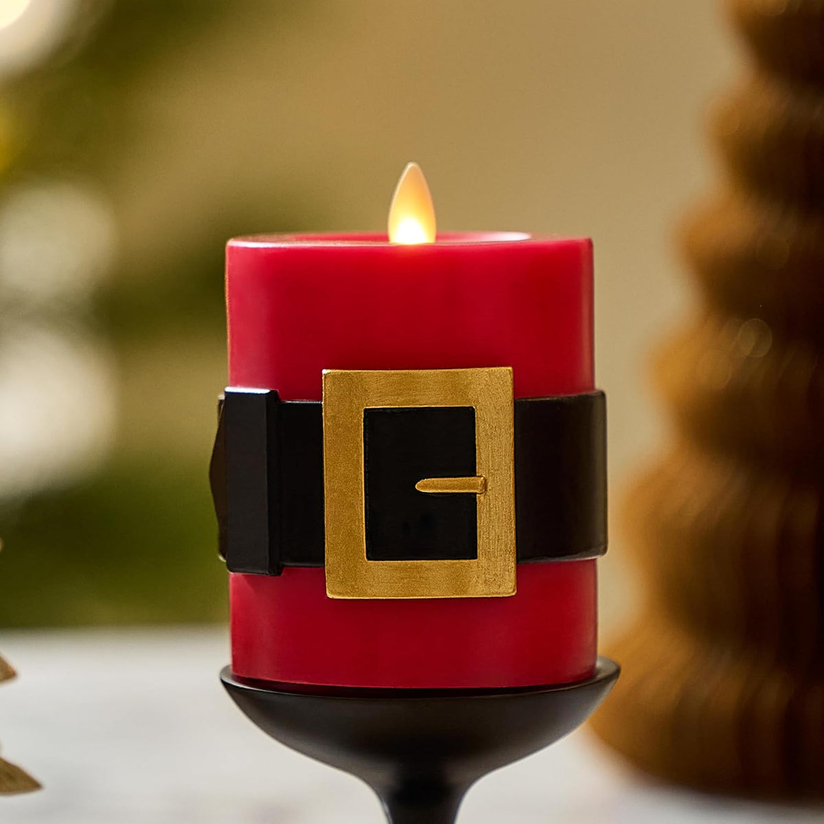 Luminara Flickering Flameless LED Candle, Battery Operated, Timer Function, Remote Ready (Sold Separately), Red Santa Belt 3.4" x 4.5" Pillar, Unscented Real Wax Moving Flame, Christmas Holiday Décor