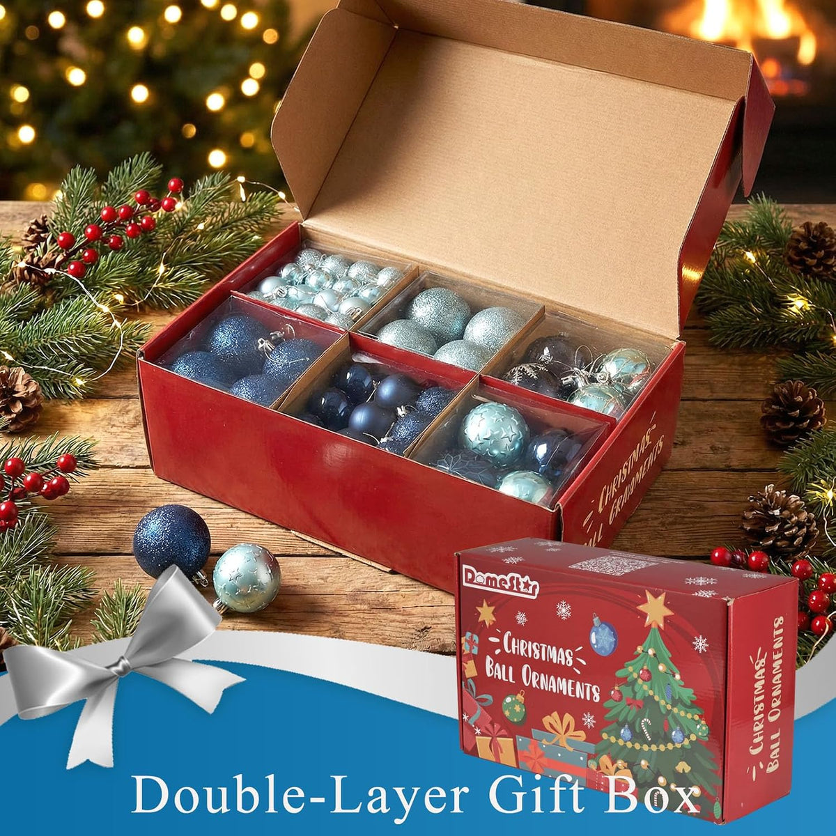 DOMESTAR 100 PCS Shatterproof Blue Christmas Ornament Set