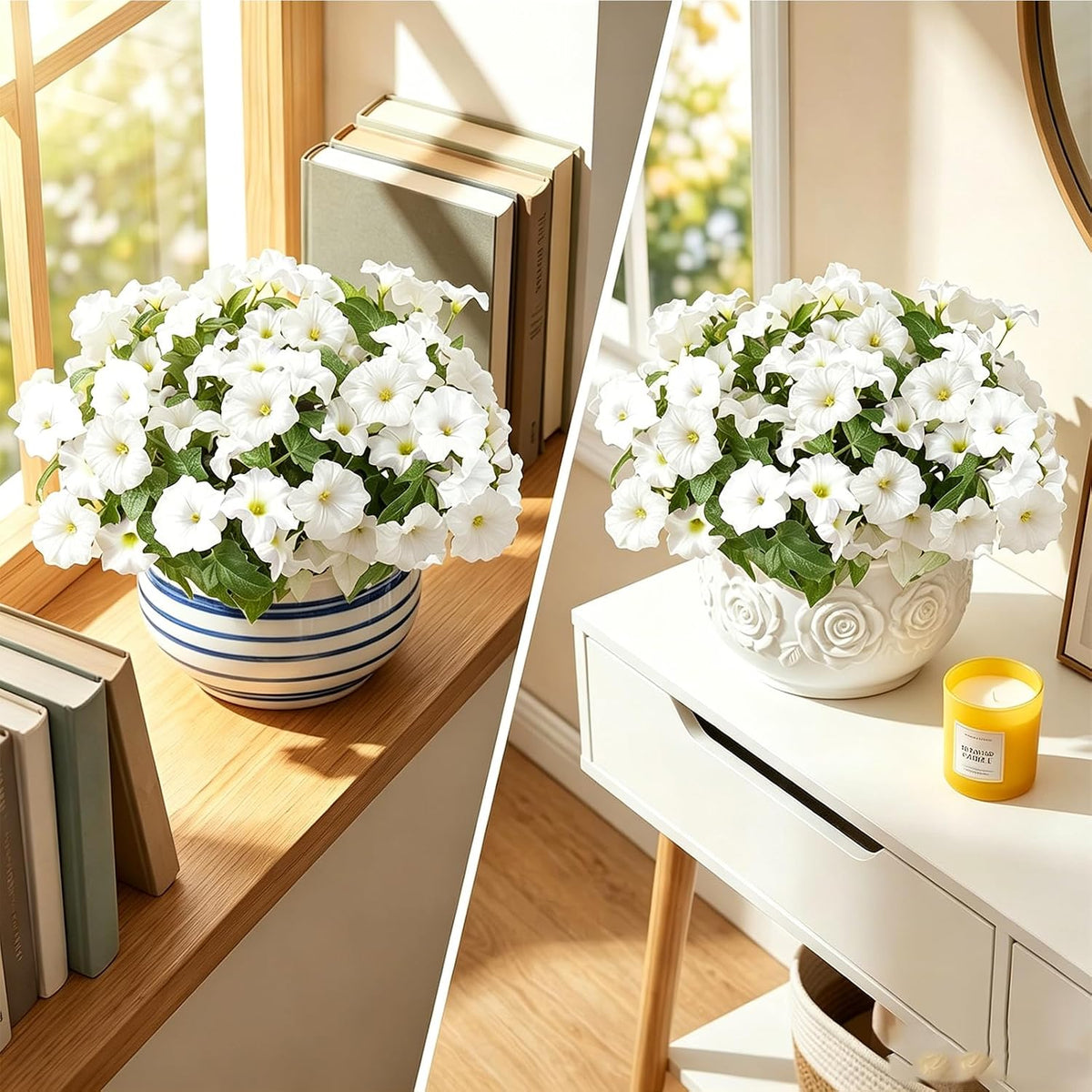 Artificial Flowers for Outdoors, Faux Petunias Spring Summer Decoration, Fake Flowers Plants UV Resistant Look Real Silk Flowers for Outside Planter Front Door Porch Patio Yard (White)